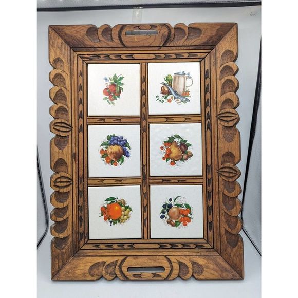 Vintage MCM Hand Carved Wood SERVING TRAY Ceramic Fruit Art Tile Trivet Mexico - Picture 10 of 10